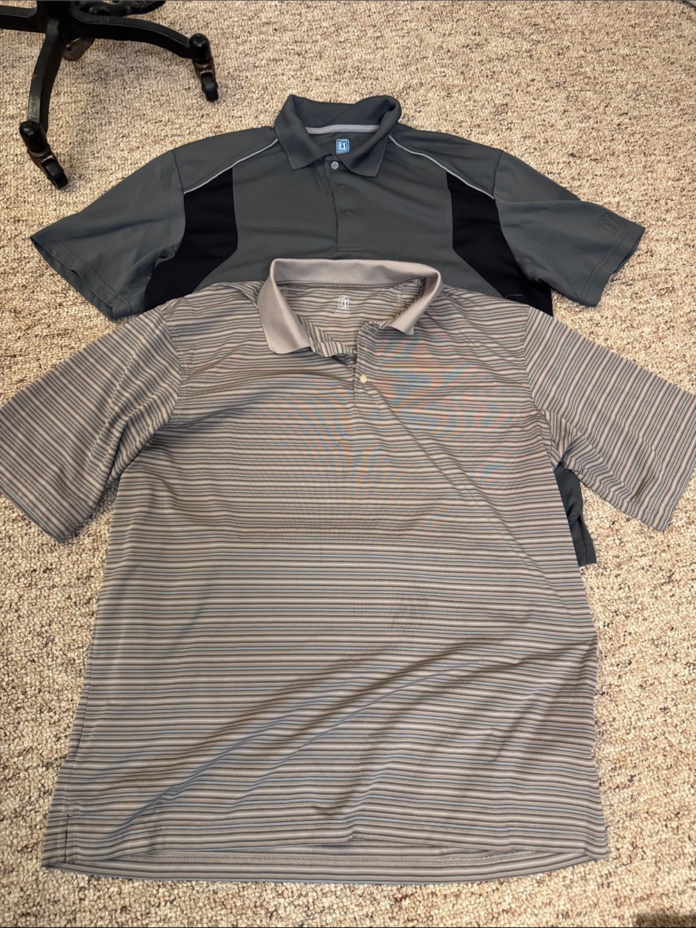 2 PGA Tour Men's Polo - Gray Striped, Dark Gray Contrast - Picture 1 of 4